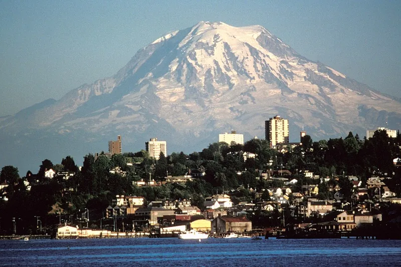 Mount Rainier rising above Tacoma and Puget Sound in Washington